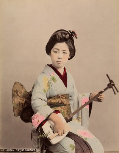 Portrait of a Geisha Playing the Shamisen by Japanese Photographer